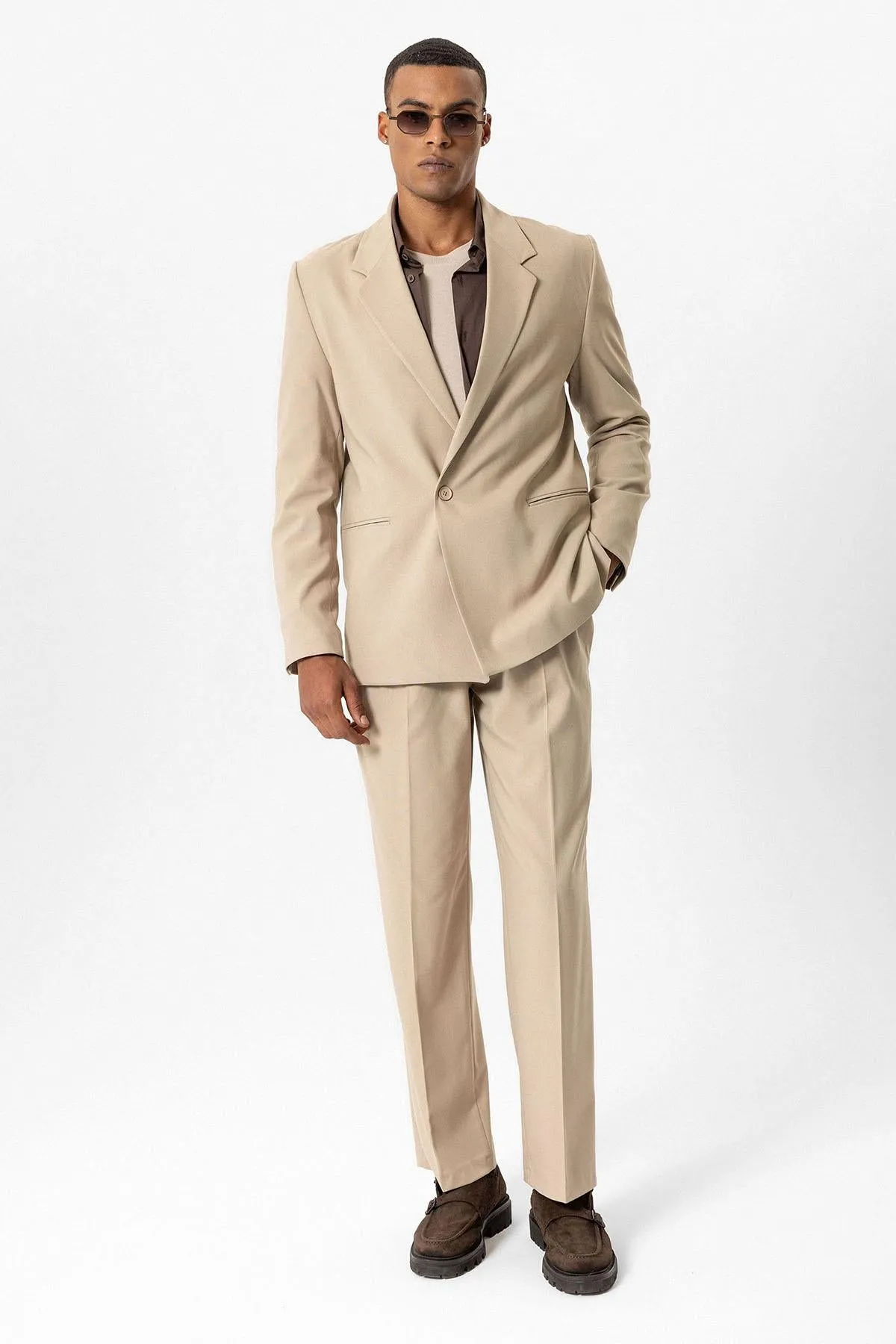 Beige Single-Button Relaxed Men's Blazer Jacket - Wessi sold by Wessi product image thumbnail 2