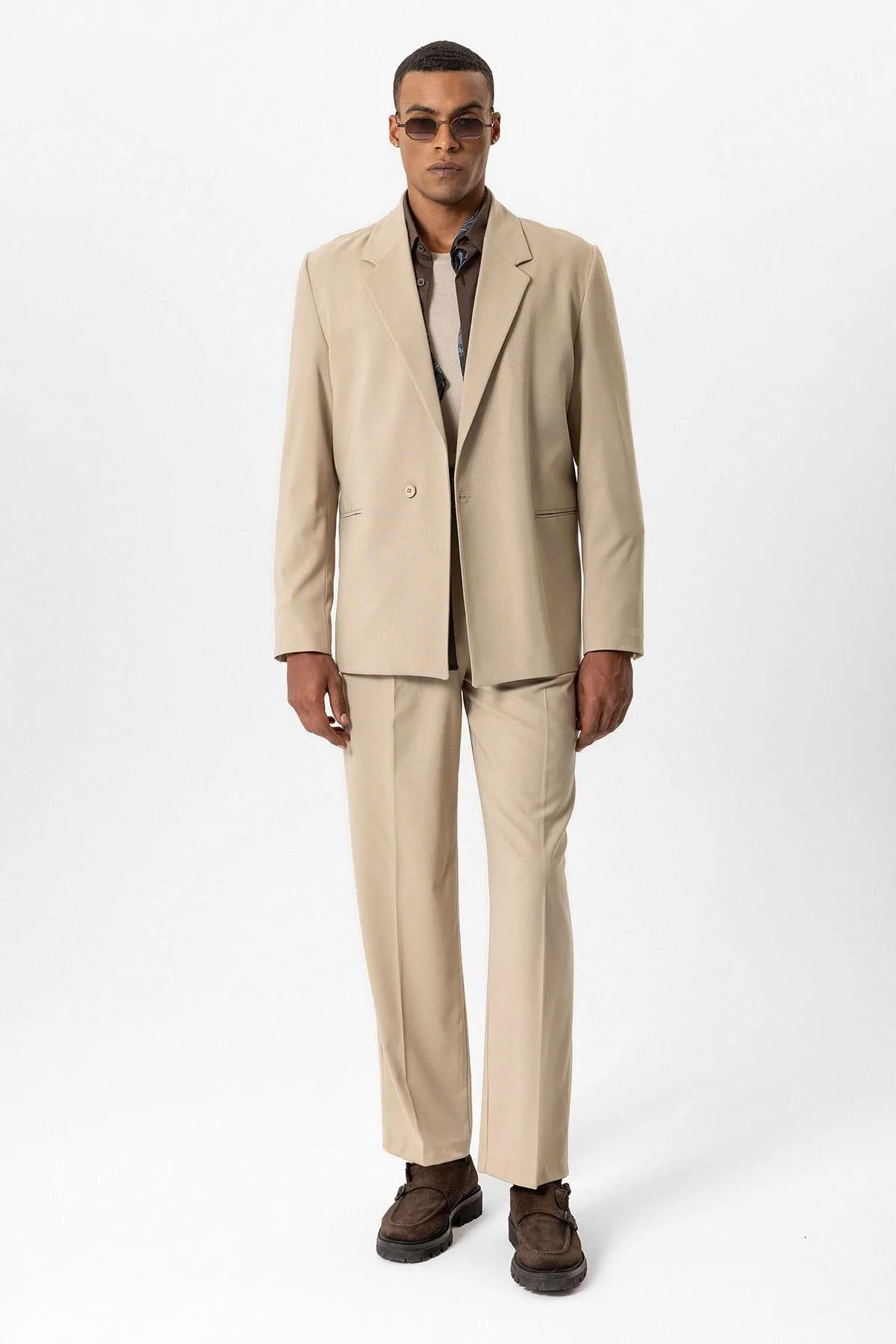 Beige Single-Button Relaxed Men's Blazer Jacket - Wessi sold by Wessi product image thumbnail 3