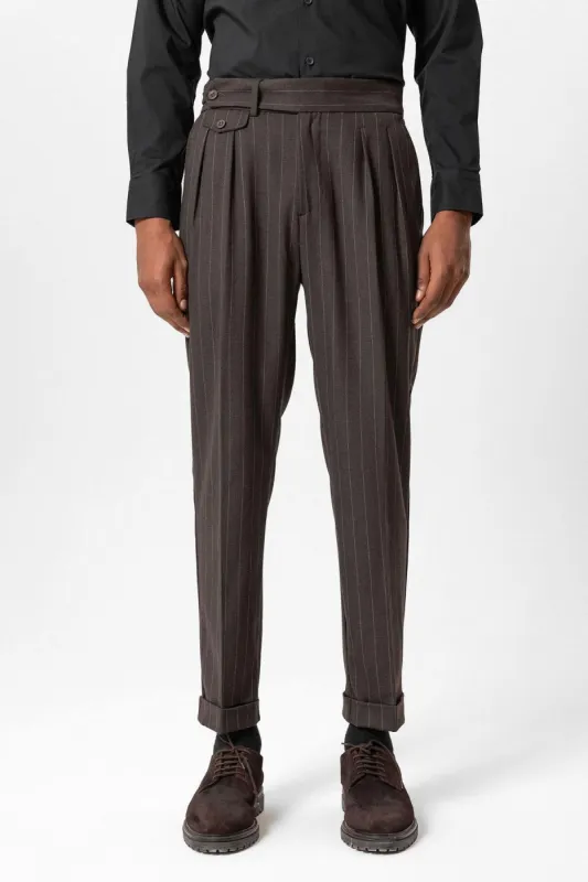 Brown High-Waisted Pleated Striped Men's Trousers - Wessi sold by Wessi
