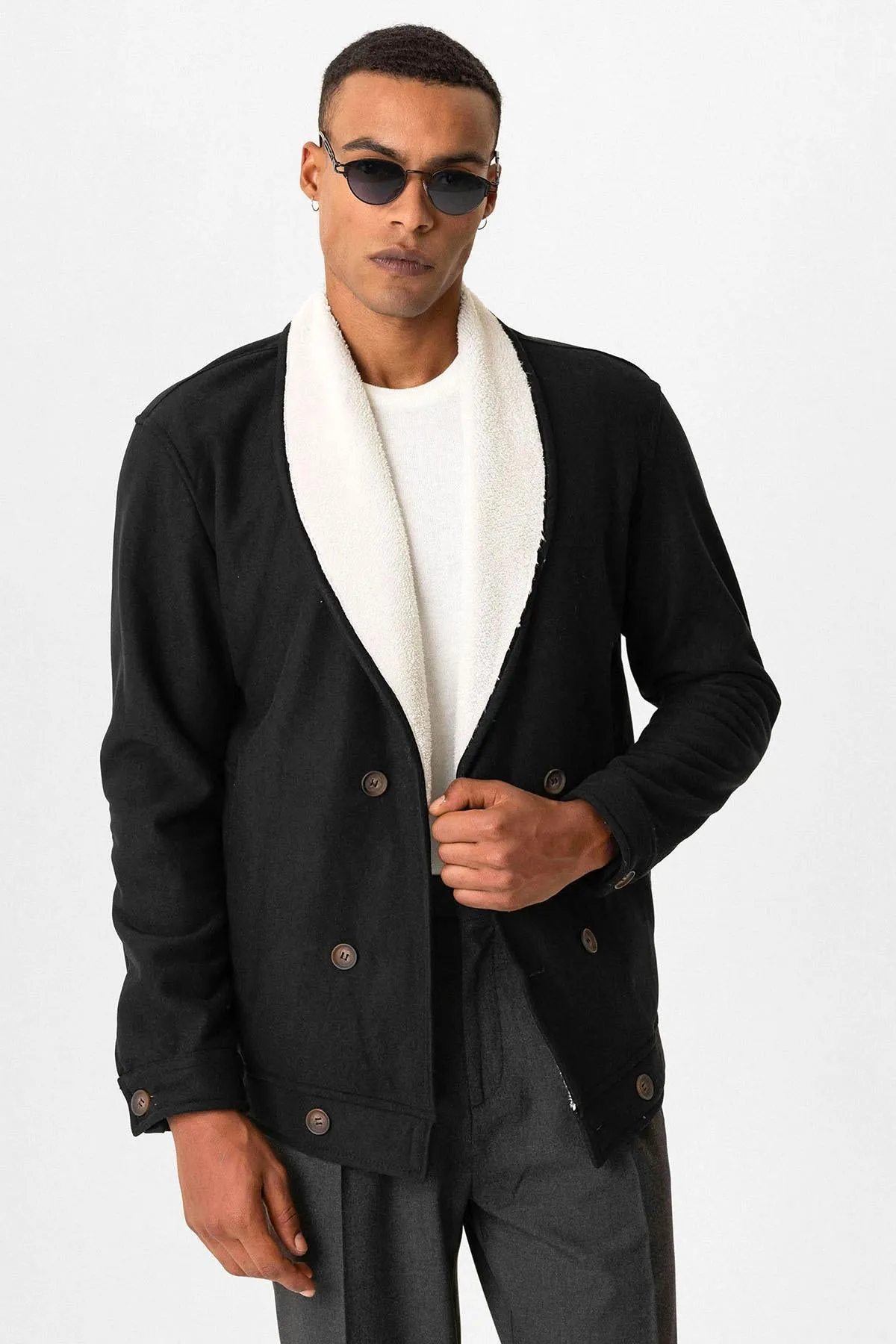 Black Contrast Collar Men's Jacket with Lining Detail - Wessi sold by Wessi product image thumbnail 4