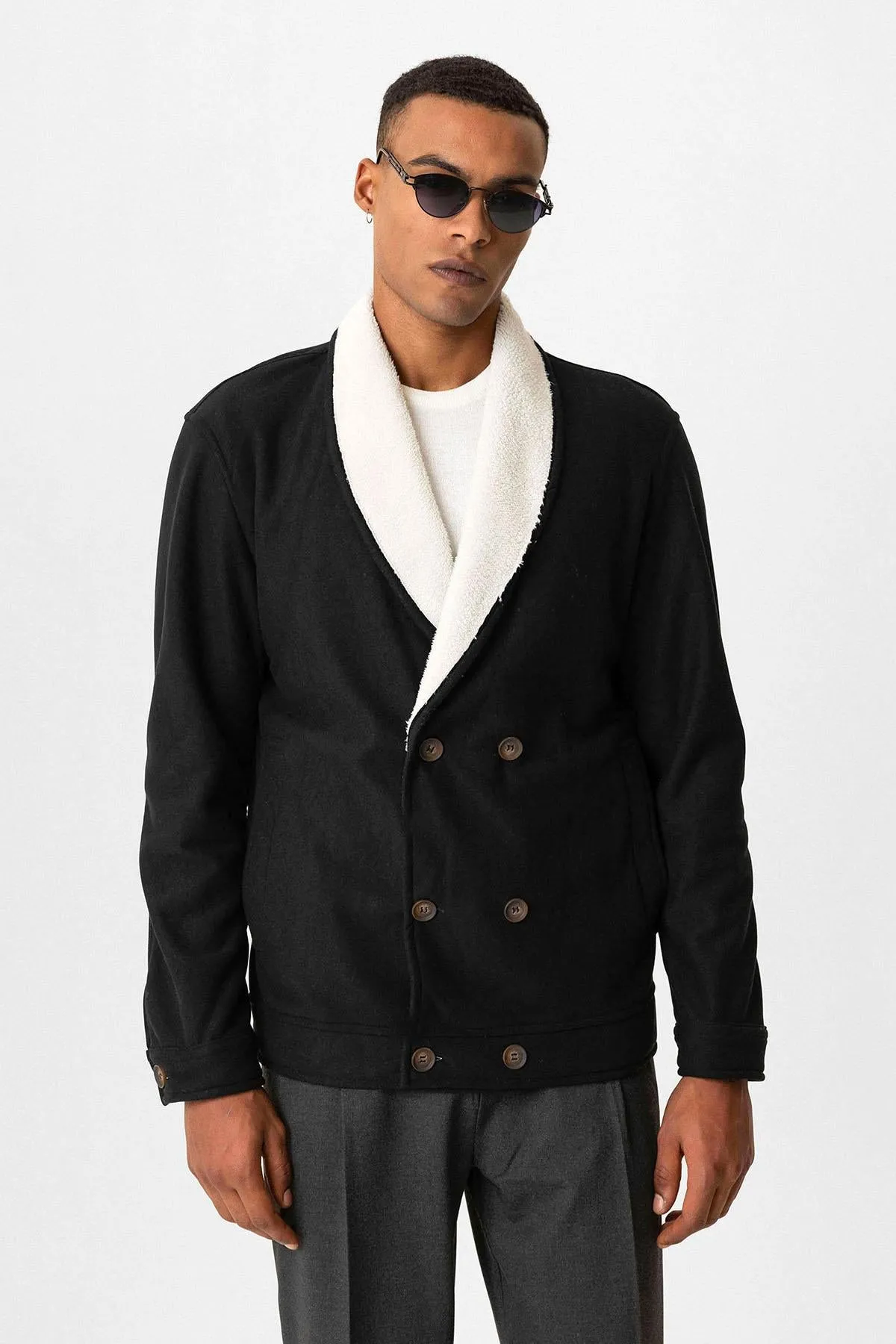 Black Contrast Collar Men's Jacket with Lining Detail - Wessi sold by Wessi product image thumbnail 2