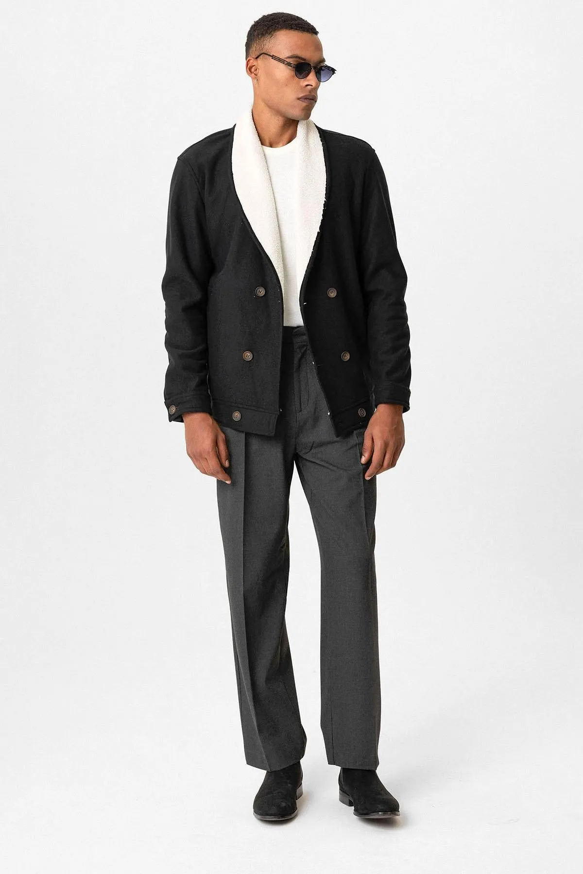 Black Contrast Collar Men's Jacket with Lining Detail - Wessi sold by Wessi product image thumbnail 3