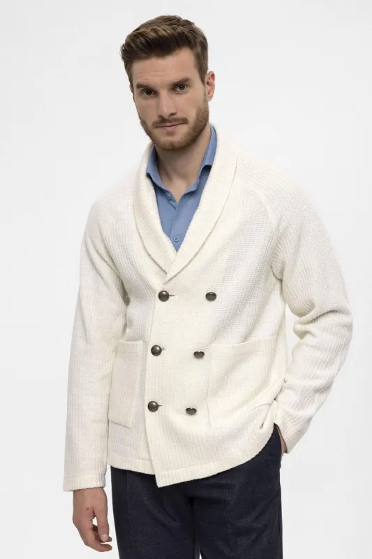 Ecru Shawl Collar Double-Breasted Men's Cardigan - Wessi sold by Wessi