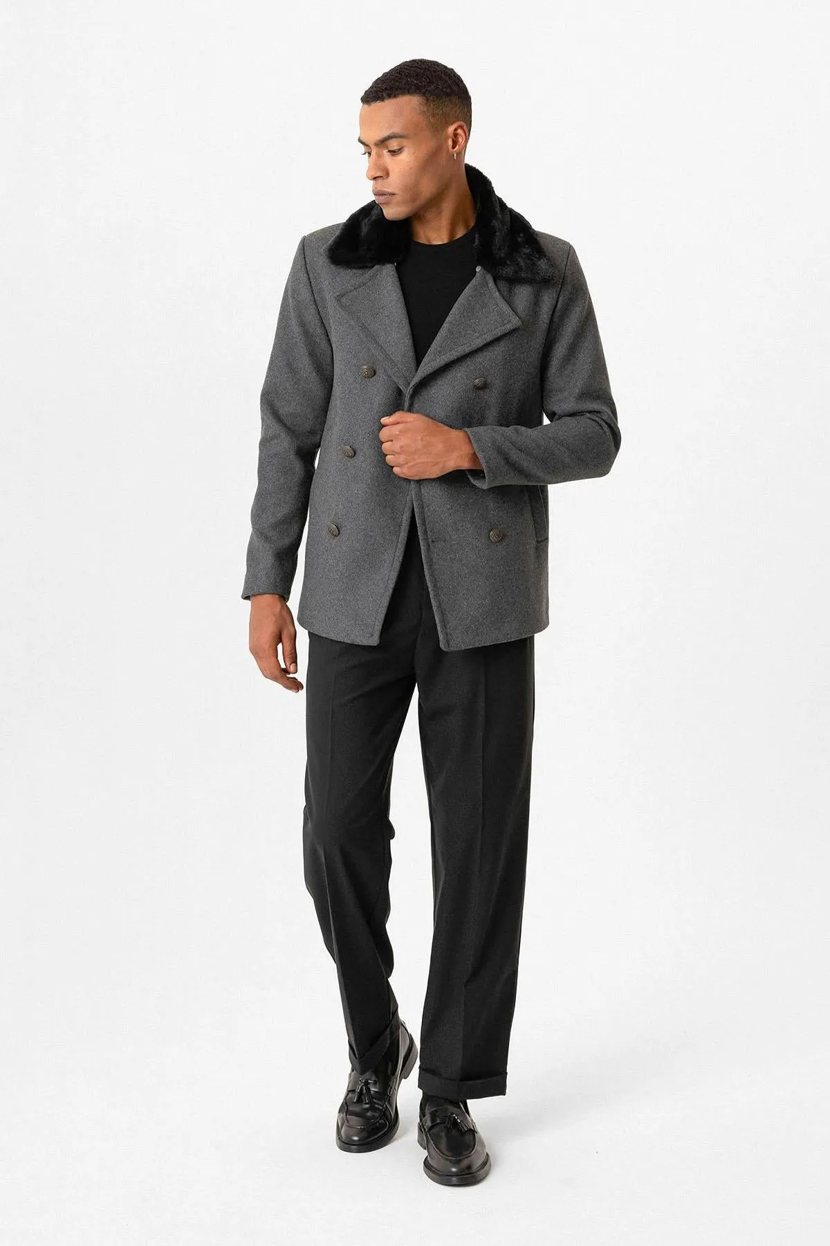 Anthracite Fur Collar Double-Breasted Men's Coat - Wessi sold by Wessi product image thumbnail 4
