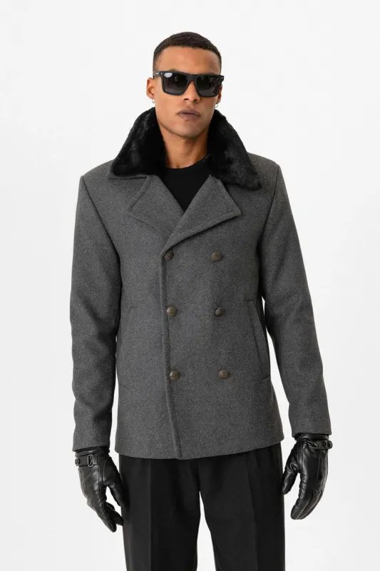 Anthracite Fur Collar Double-Breasted Men's Coat - Wessi sold by Wessi