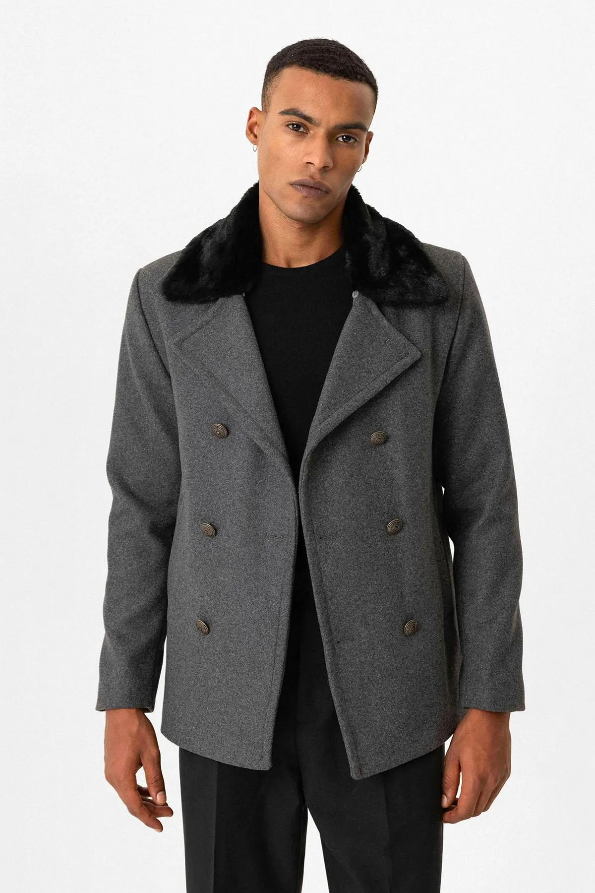 Anthracite Fur Collar Double-Breasted Men's Coat - Wessi sold by Wessi product image thumbnail 2