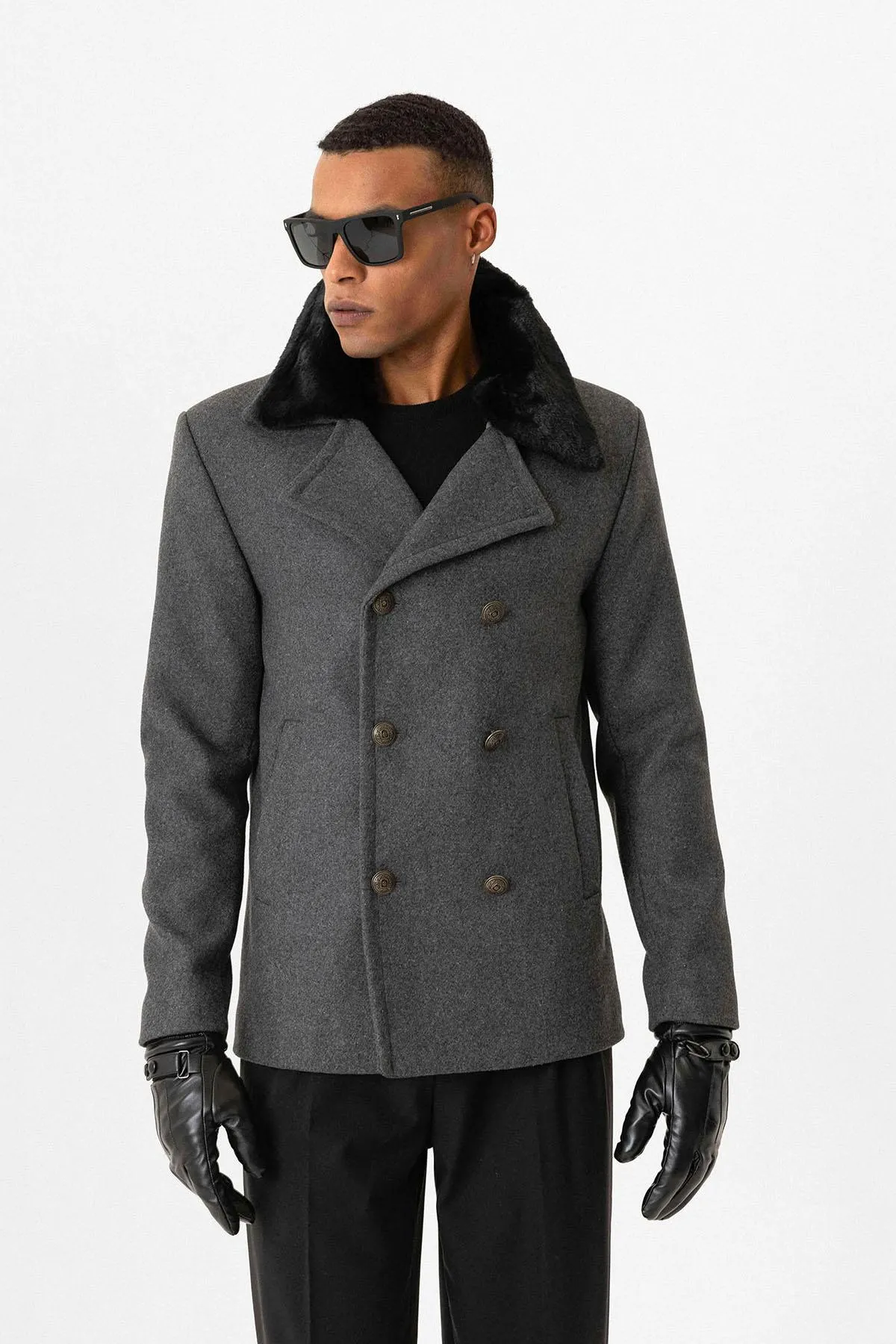 Anthracite Fur Collar Double-Breasted Men's Coat - Wessi sold by Wessi product image thumbnail 3