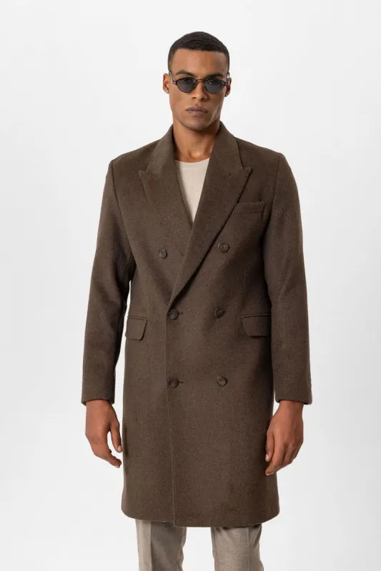 Brown Wool-Blend Double-Breasted Men's Coat - Wessi sold by Wessi