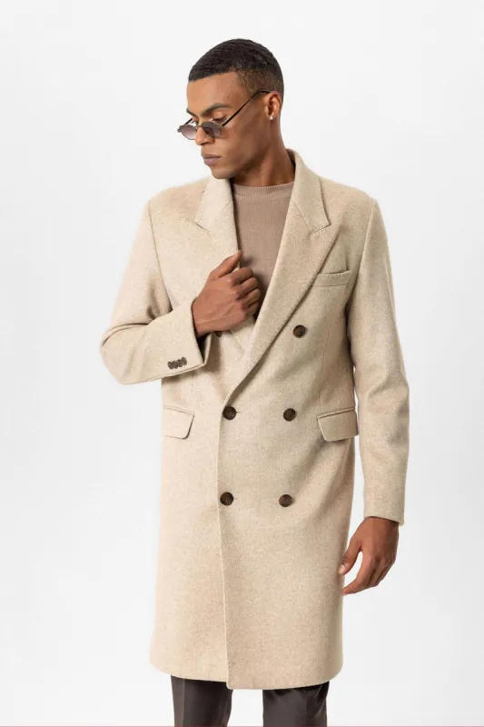 Beige Wool-Blend Double-Breasted Men's Coats - Wessi sold by Wessi