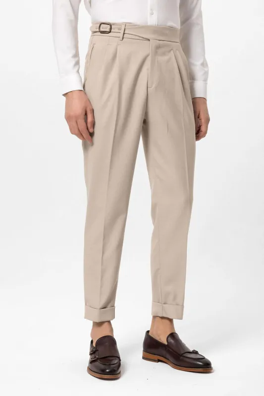 Stone High-Waisted Pleated Men's Trousers with Buckle Detail - Wessi sold by Wessi