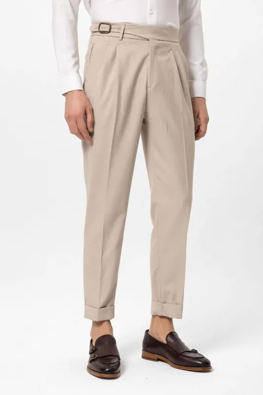 Cream High-Waisted Pleated Men's Trousers with Buckle Detail - Wessi sold by Wessi