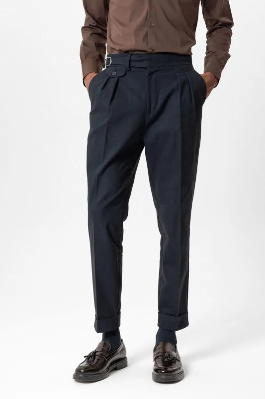 Navy High-Waisted Men's Trousers with Buckle Detail - Wessi sold by Wessi