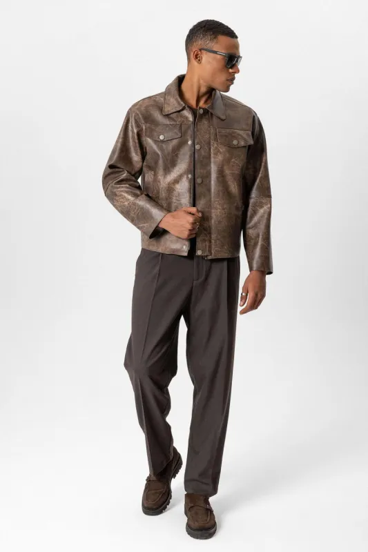 Brown Crop Fit Faux Leather Men's Jacket - Wessi sold by Wessi