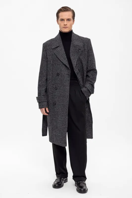 Belted Double Breasted Closure Plaid Men's Coat - Wessi sold by Wessi