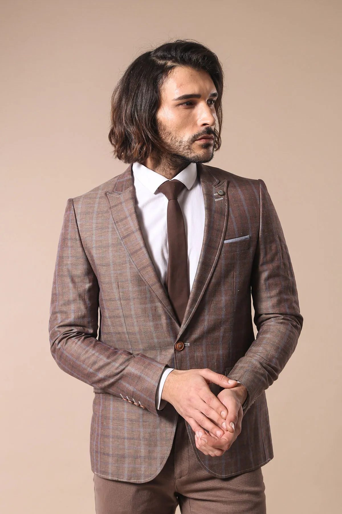 Single Button Pointed Collar Plaid Brown Jacket-Wessi sold by Wessi