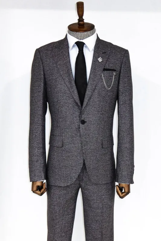 Slim Fit Houndstooth Patterned 2 Piece Grey Men Suit - Wessi sold by Wessi