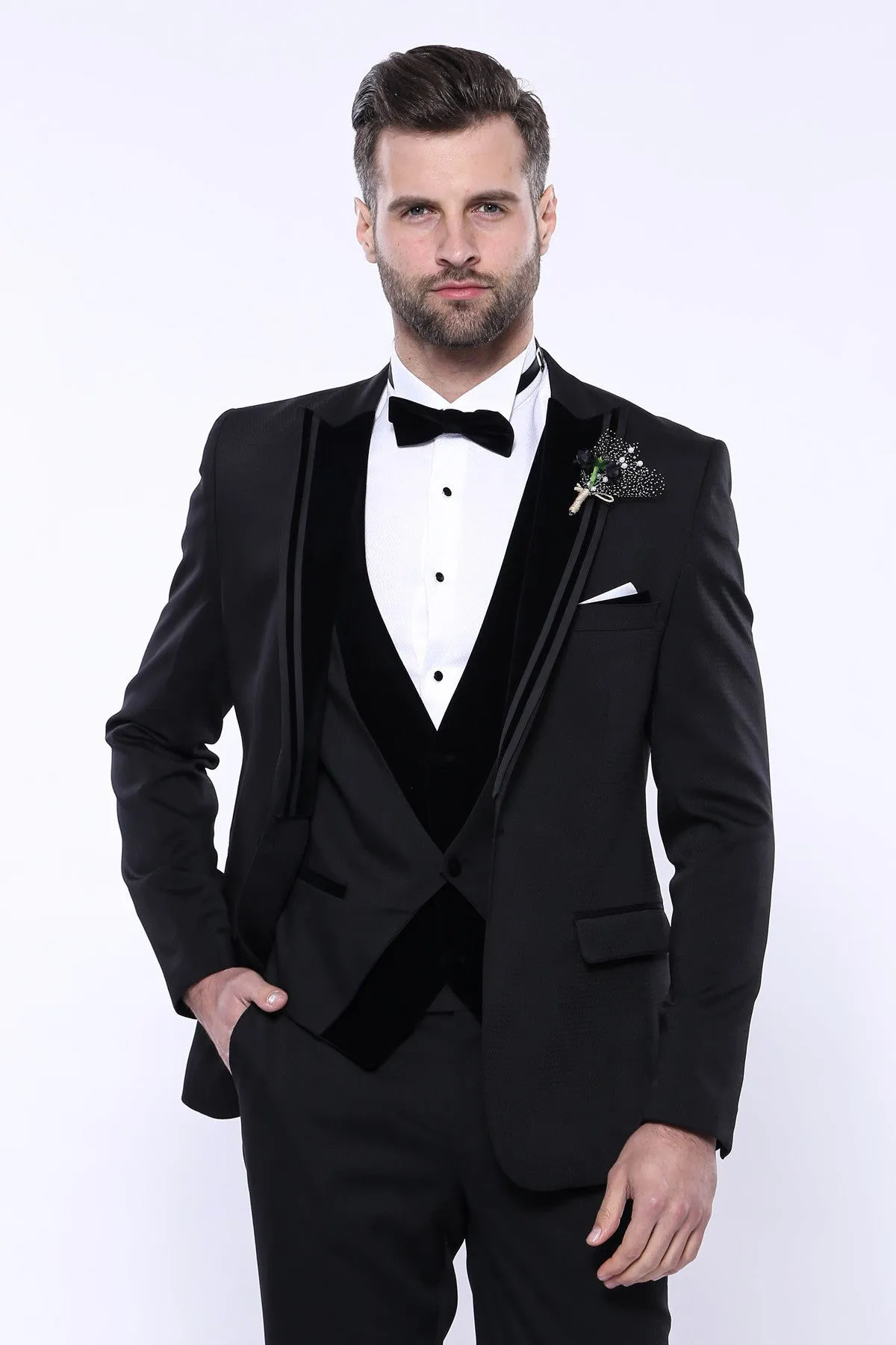 Velvet Collar Patterned Black Tuxedo | Wessi sold by Wessi