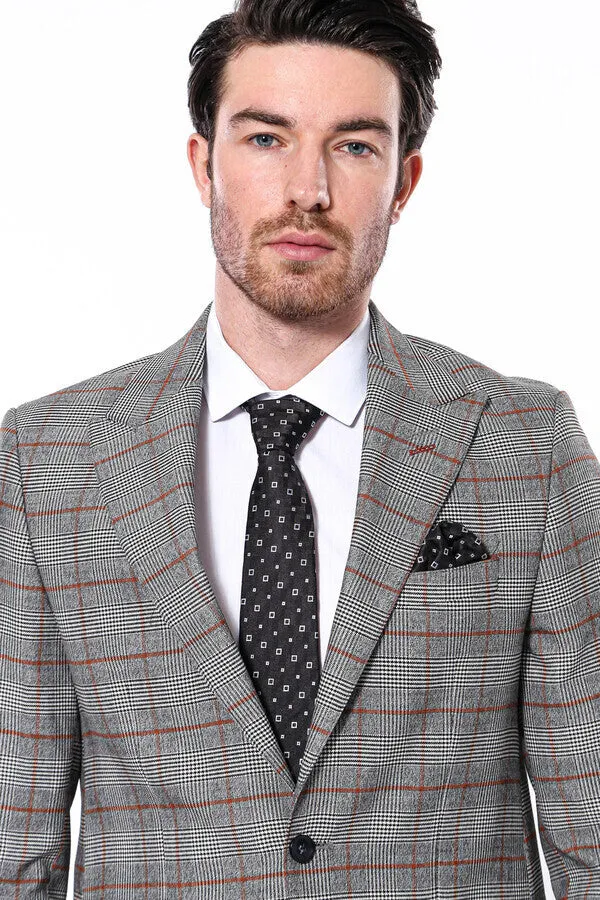 Checked Single Button Slim Fit Grey Men Blazer - Wessi sold by Wessi product image thumbnail 2