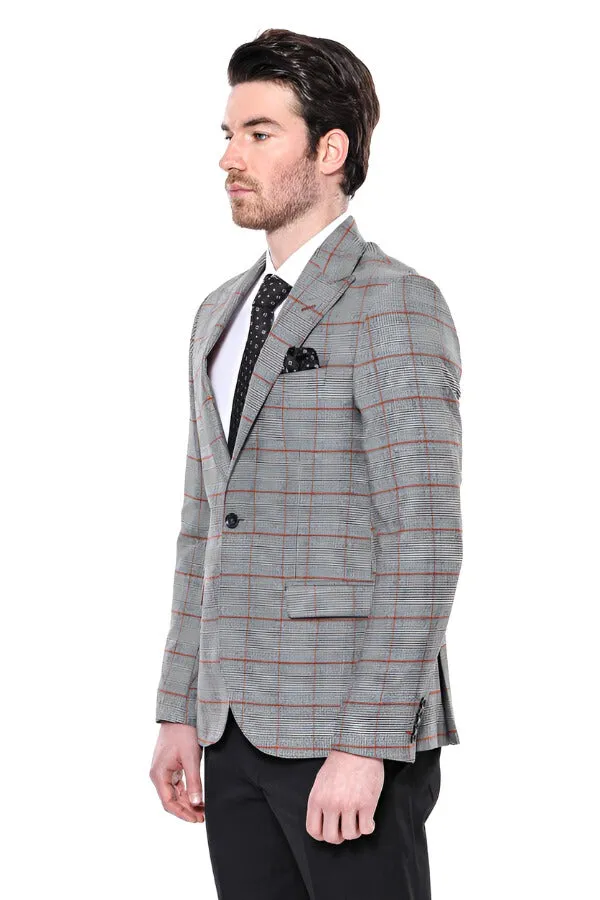 Checked Single Button Slim Fit Grey Men Blazer - Wessi sold by Wessi product image thumbnail 5