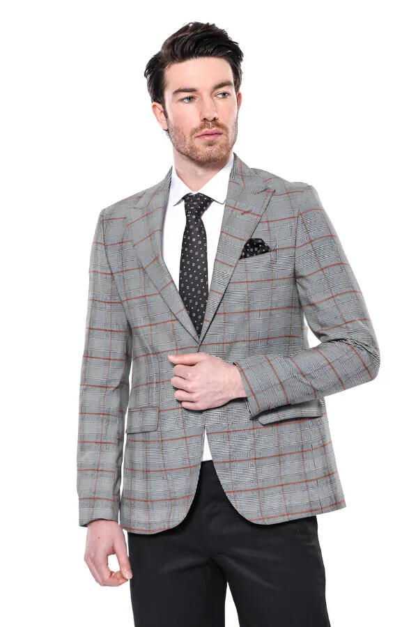 Checked Single Button Slim Fit Grey Men Blazer - Wessi sold by Wessi product image thumbnail 3