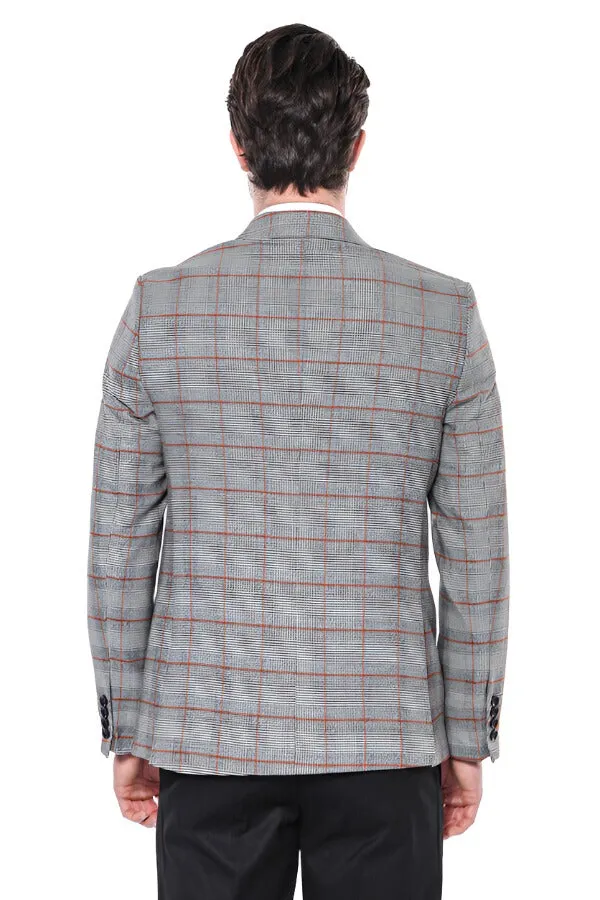 Checked Single Button Slim Fit Grey Men Blazer - Wessi sold by Wessi product image thumbnail 4