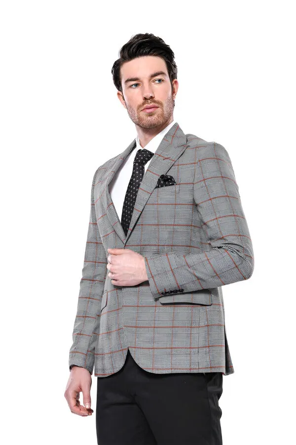 Checked Single Button Slim Fit Grey Men Blazer - Wessi sold by Wessi