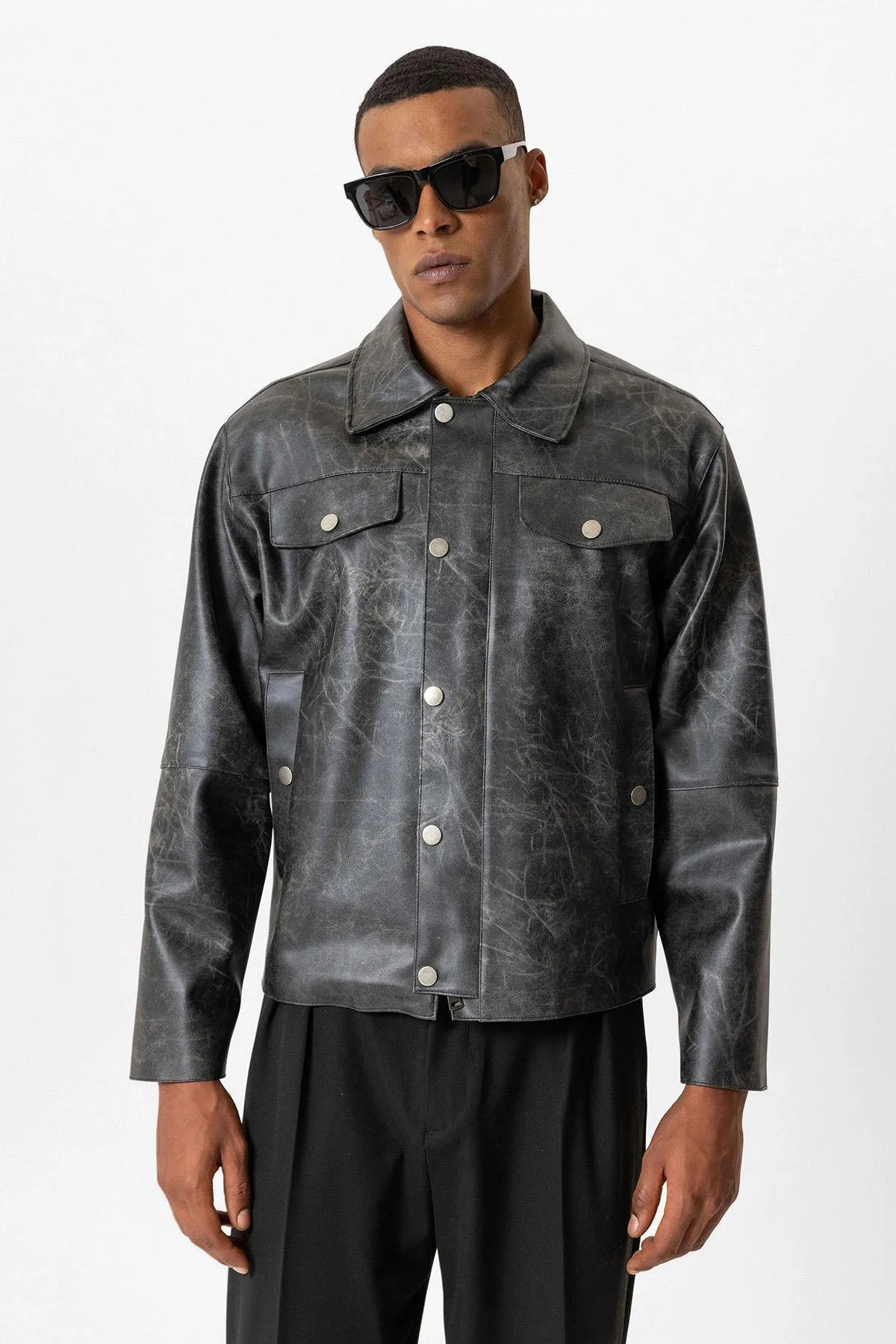 Black Crop Fit Faux Leather Men's Jacket - Wessi sold by Wessi product image thumbnail 2