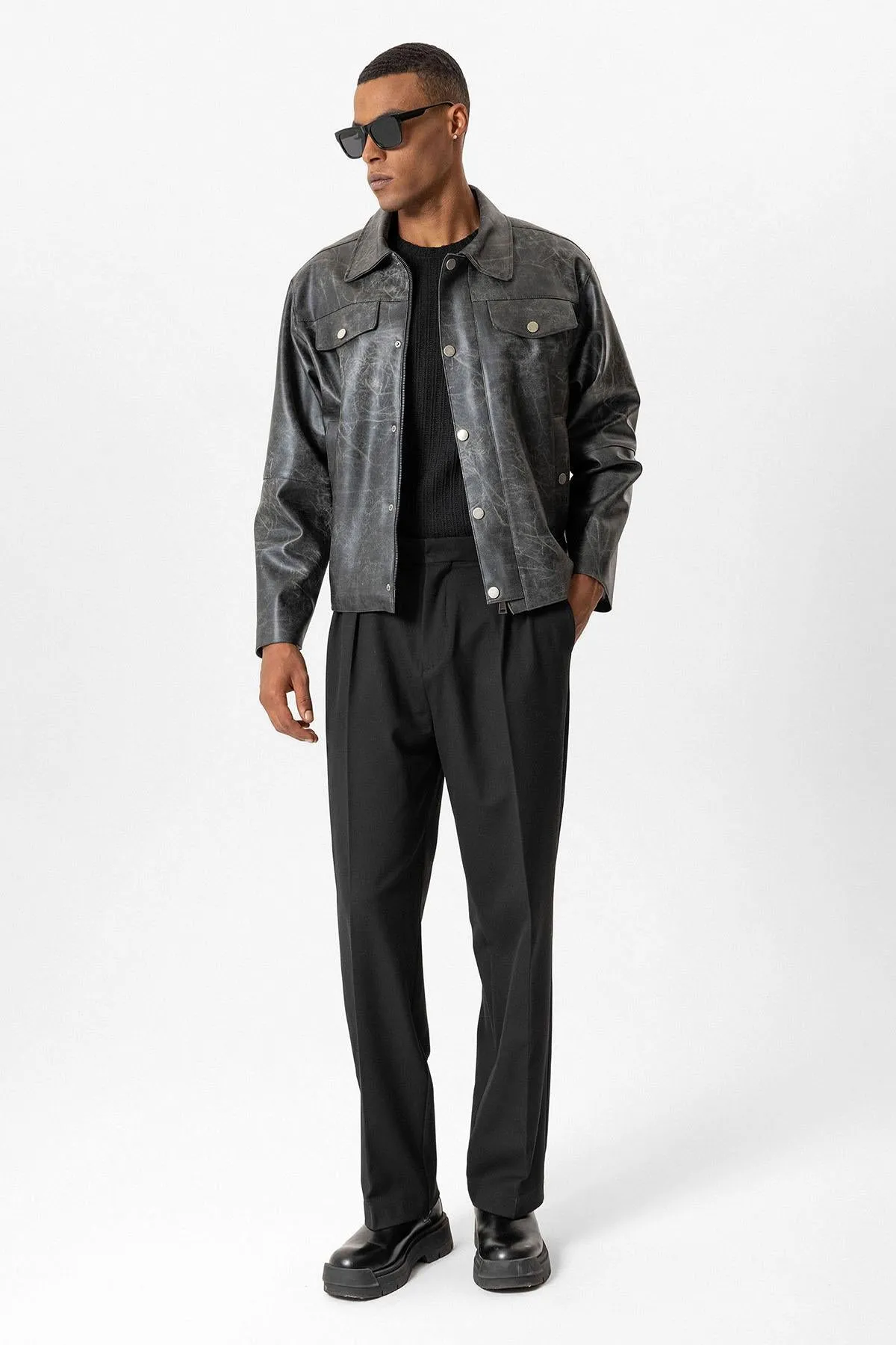 Black Crop Fit Faux Leather Men's Jacket - Wessi sold by Wessi product image thumbnail 3