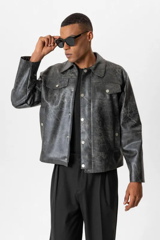 Black Crop Fit Faux Leather Men's Jacket - Wessi sold by Wessi