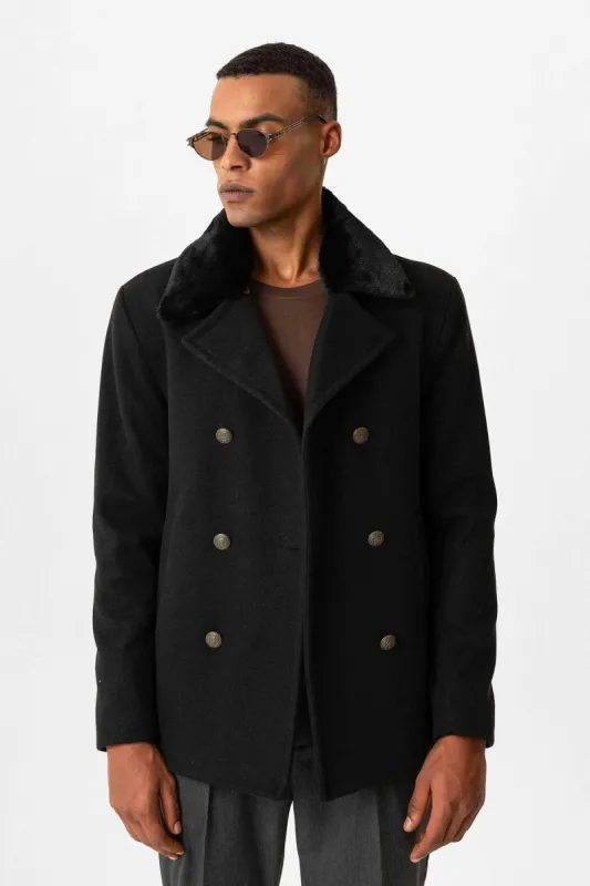 Black Fur Collar Double-Breasted Men's Coat - Wessi sold by Wessi