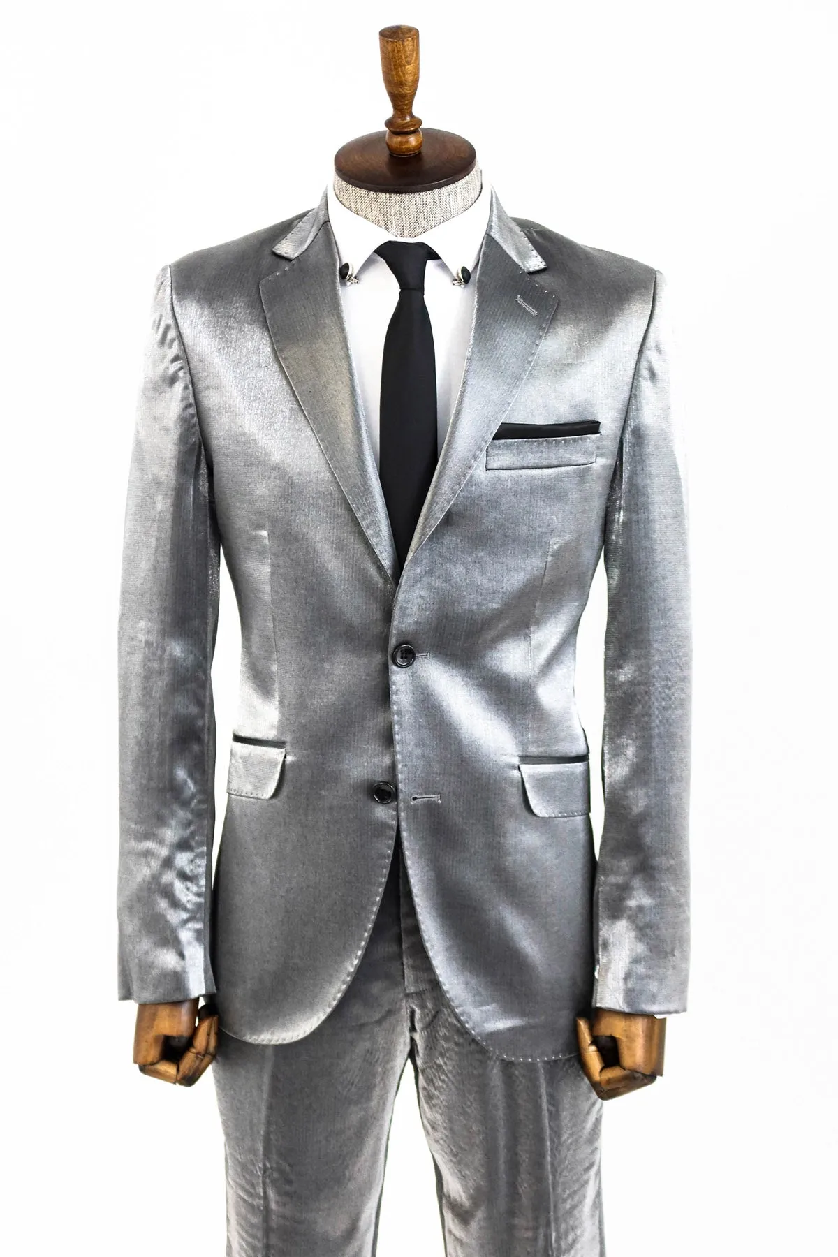Two Buttons Two Piece Slim Fit Satin Grey Men Suit sold by Wessi