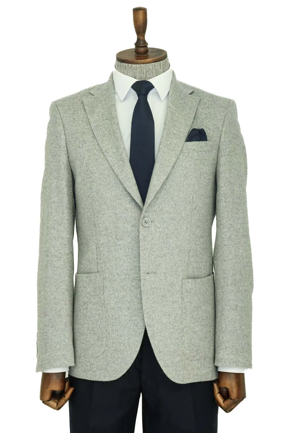 Slim Fit Plain Wide Lapel Grey Men Wool Blazer - Wessi sold by Wessi