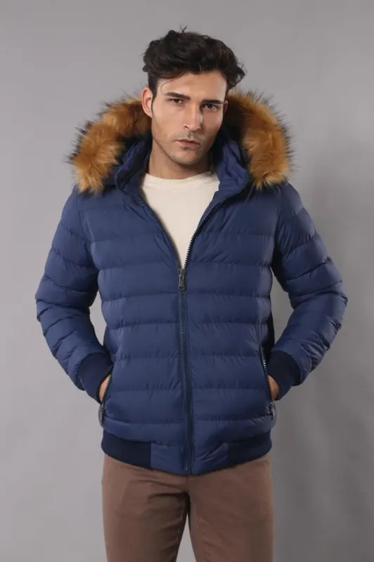 Navy Men's Puffer Coat with Fur - Wessi sold by Wessi