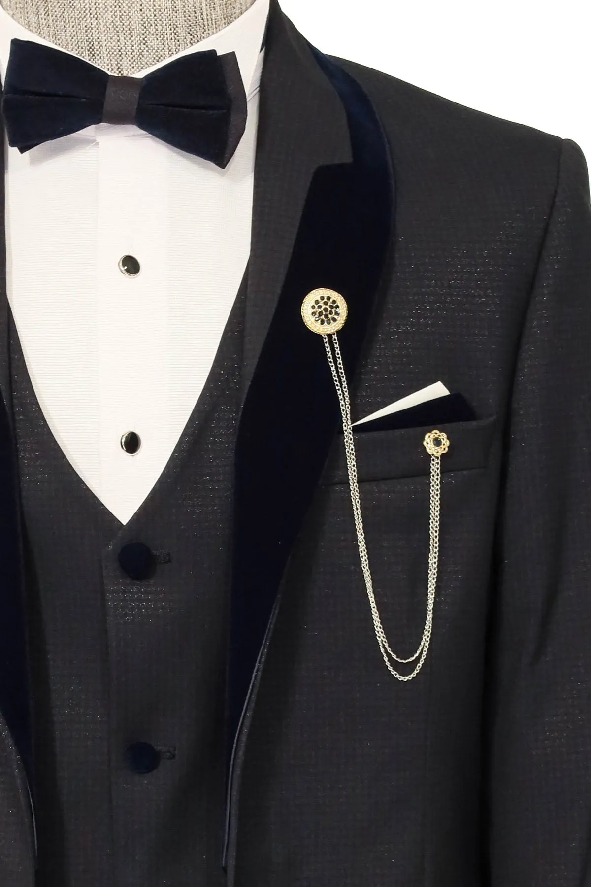 Patterned Velvet Lapel Navy Blue Men Tuxedo - Wessi sold by Wessi product image thumbnail 2