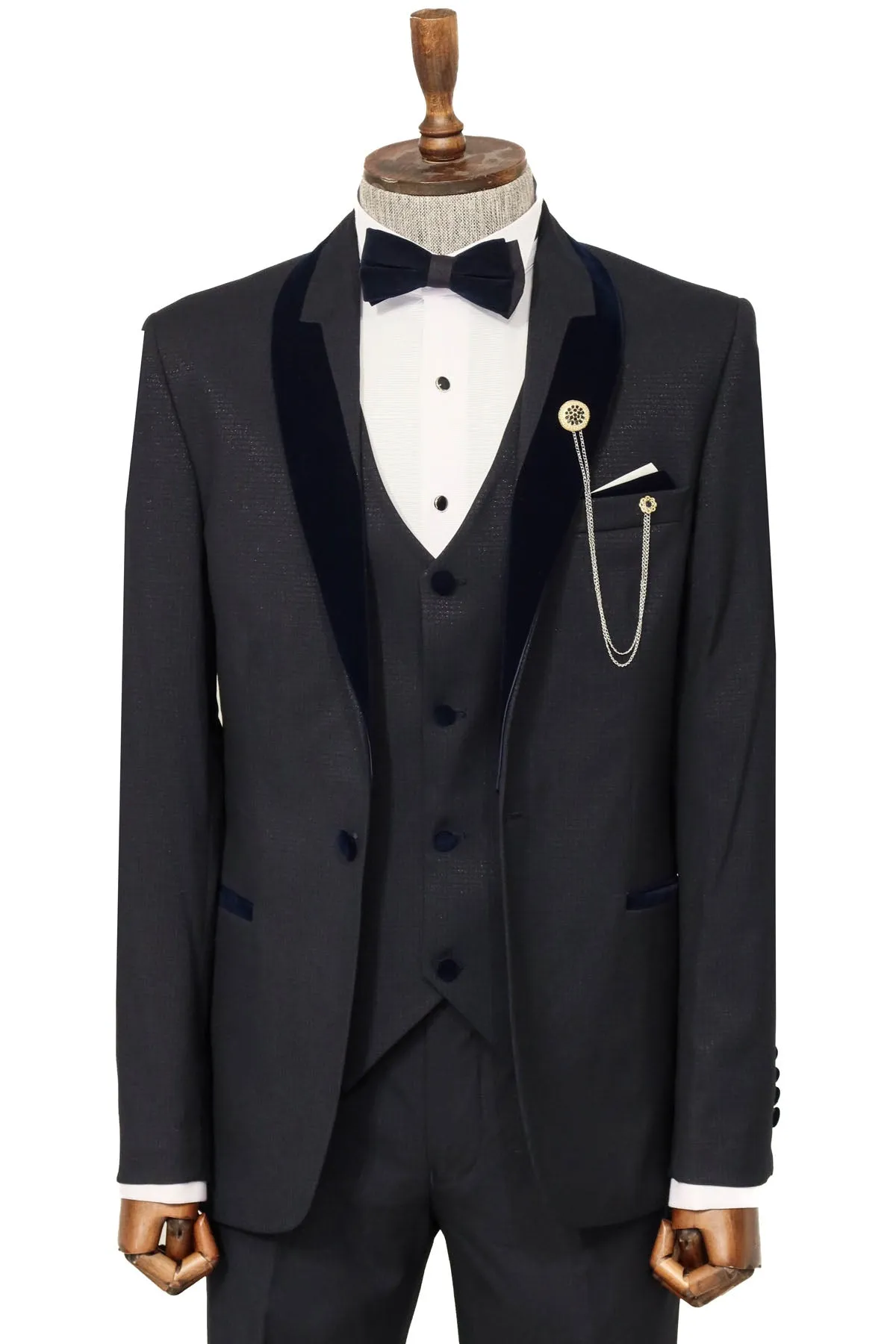 Patterned Velvet Lapel Navy Blue Men Tuxedo - Wessi sold by Wessi