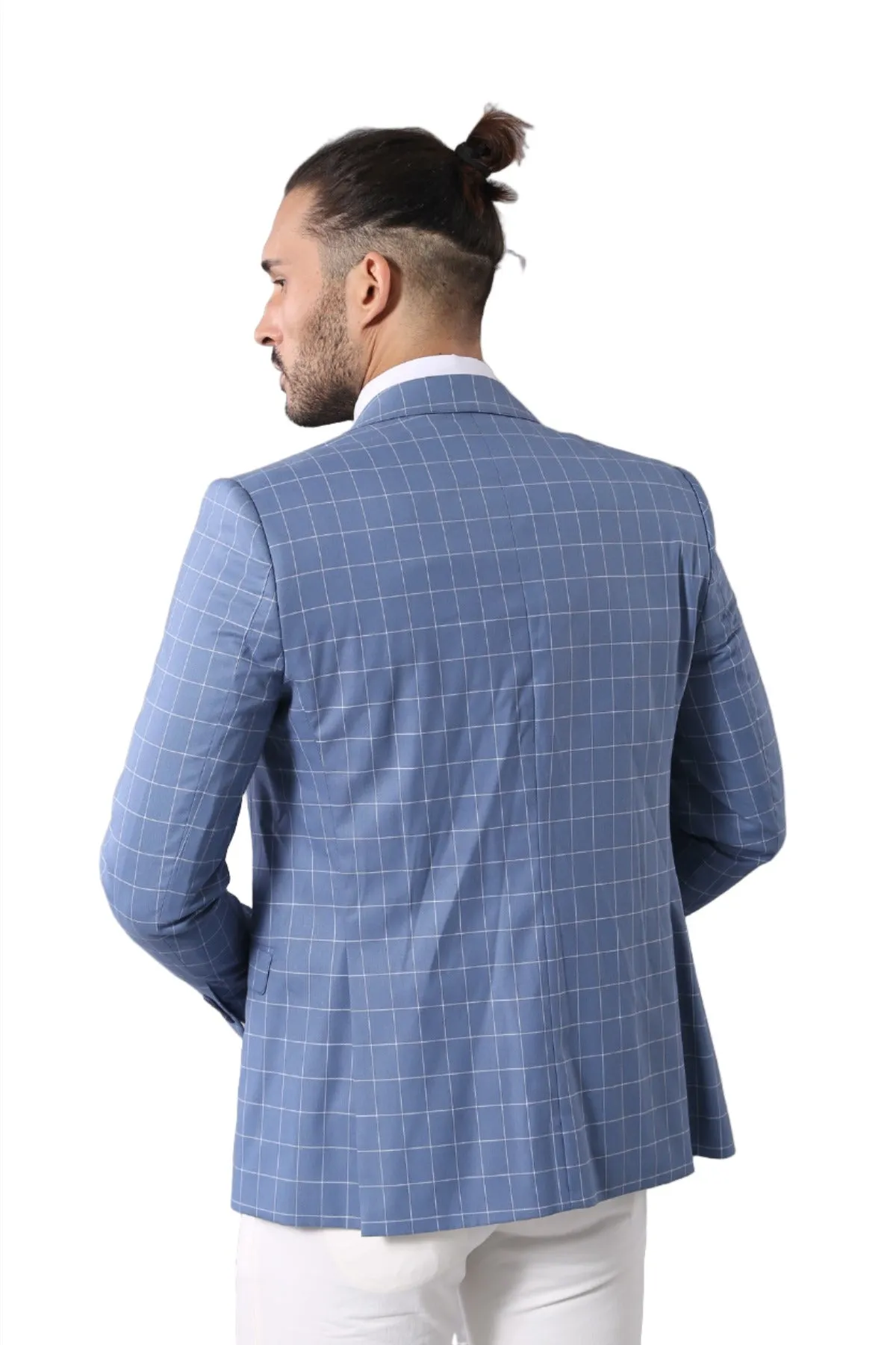 Single Button Pointed Collar Plaid Suit Vest Light Blue Suit-Wessi sold by Wessi product image thumbnail 5