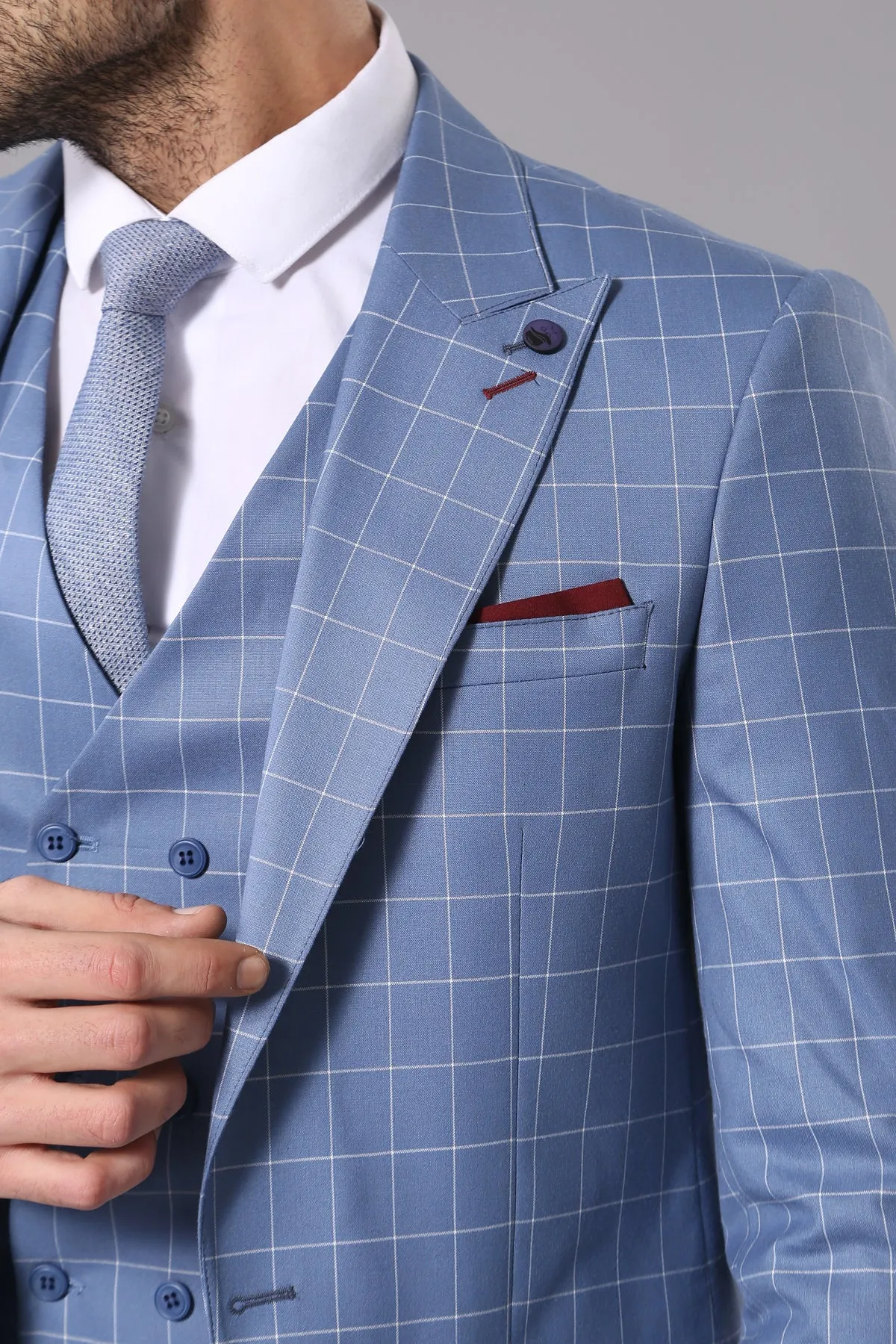 Single Button Pointed Collar Plaid Suit Vest Light Blue Suit-Wessi sold by Wessi product image thumbnail 2