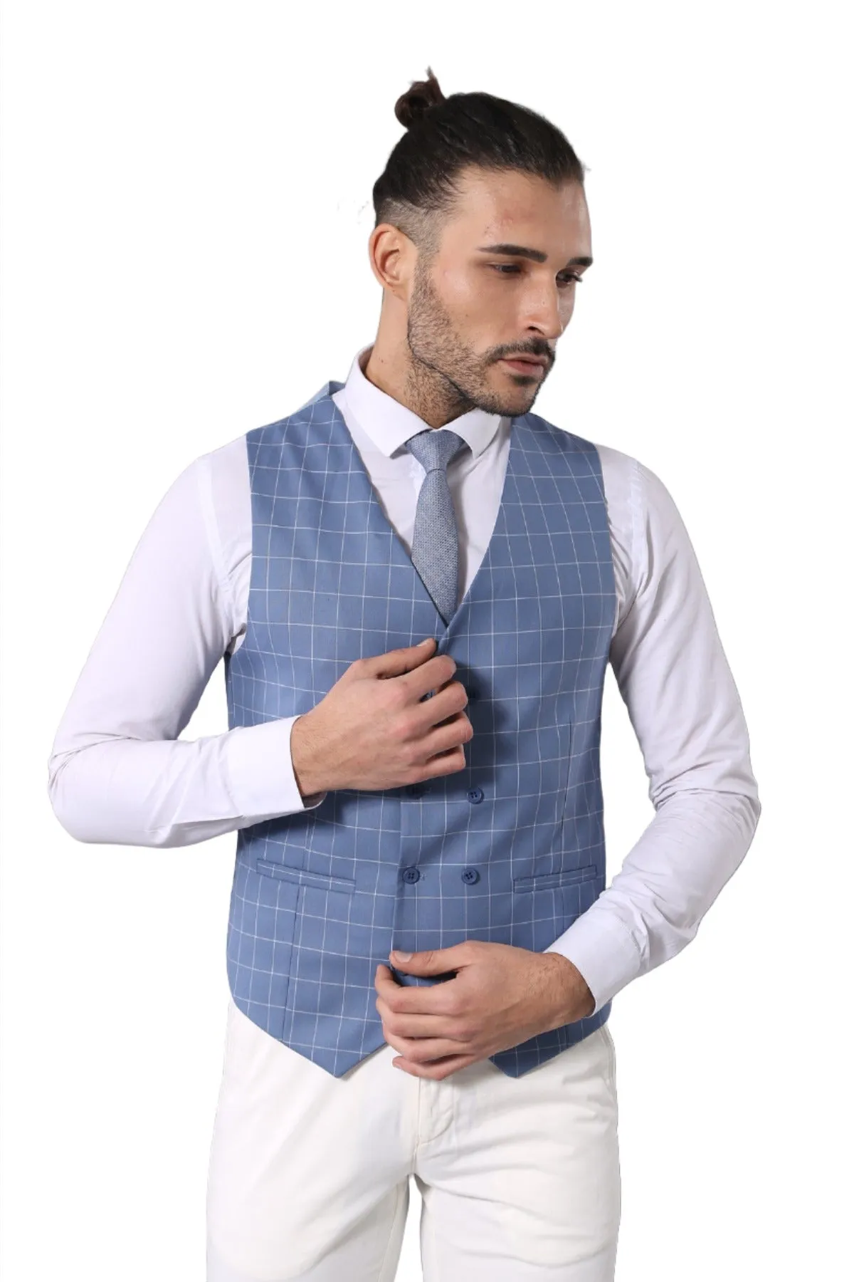 Single Button Pointed Collar Plaid Suit Vest Light Blue Suit-Wessi sold by Wessi product image thumbnail 4