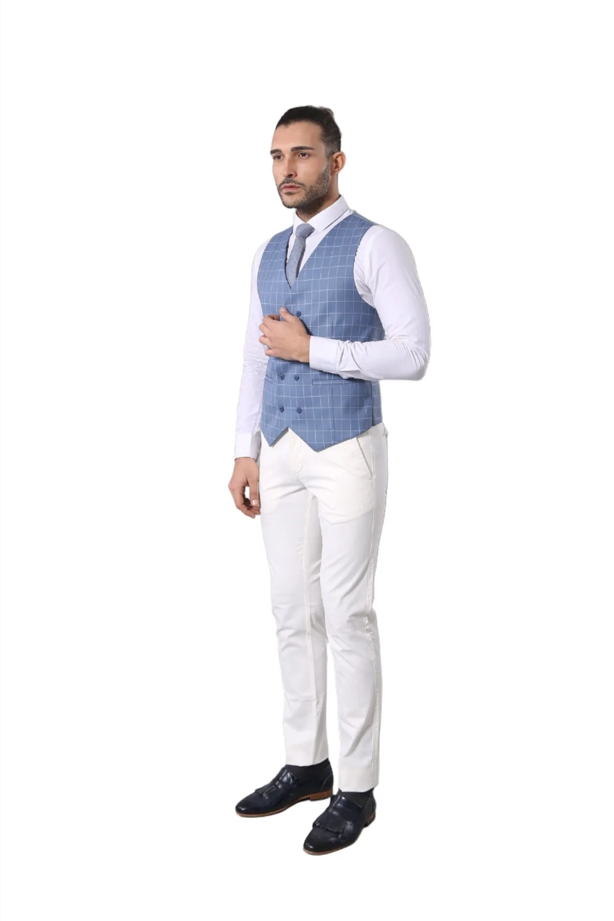 Single Button Pointed Collar Plaid Suit Vest Light Blue Suit-Wessi sold by Wessi product image thumbnail 3