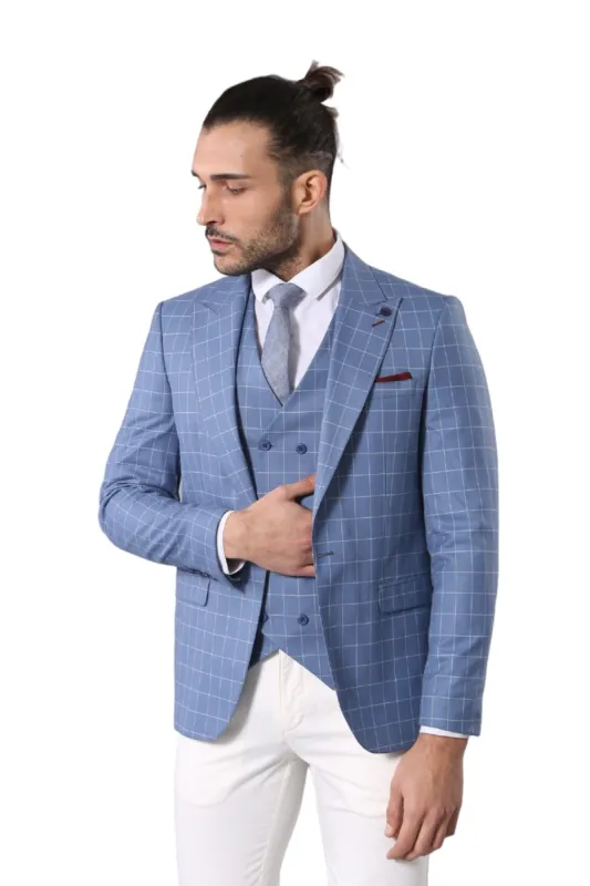 Single Button Pointed Collar Plaid Suit Vest Light Blue Suit-Wessi sold by Wessi