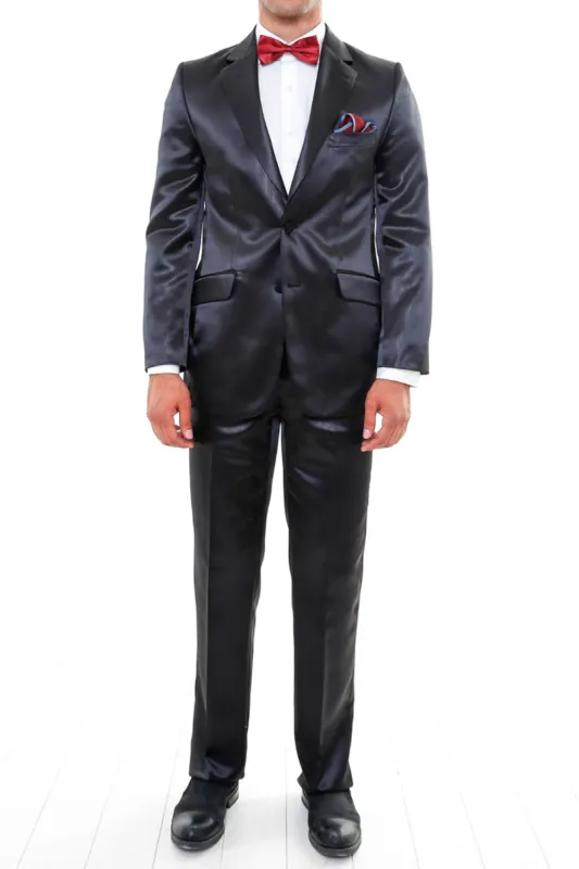 Two Piece Two Buttons Modeled Lapel Satin Black Men Groom Suit sold by Wessi