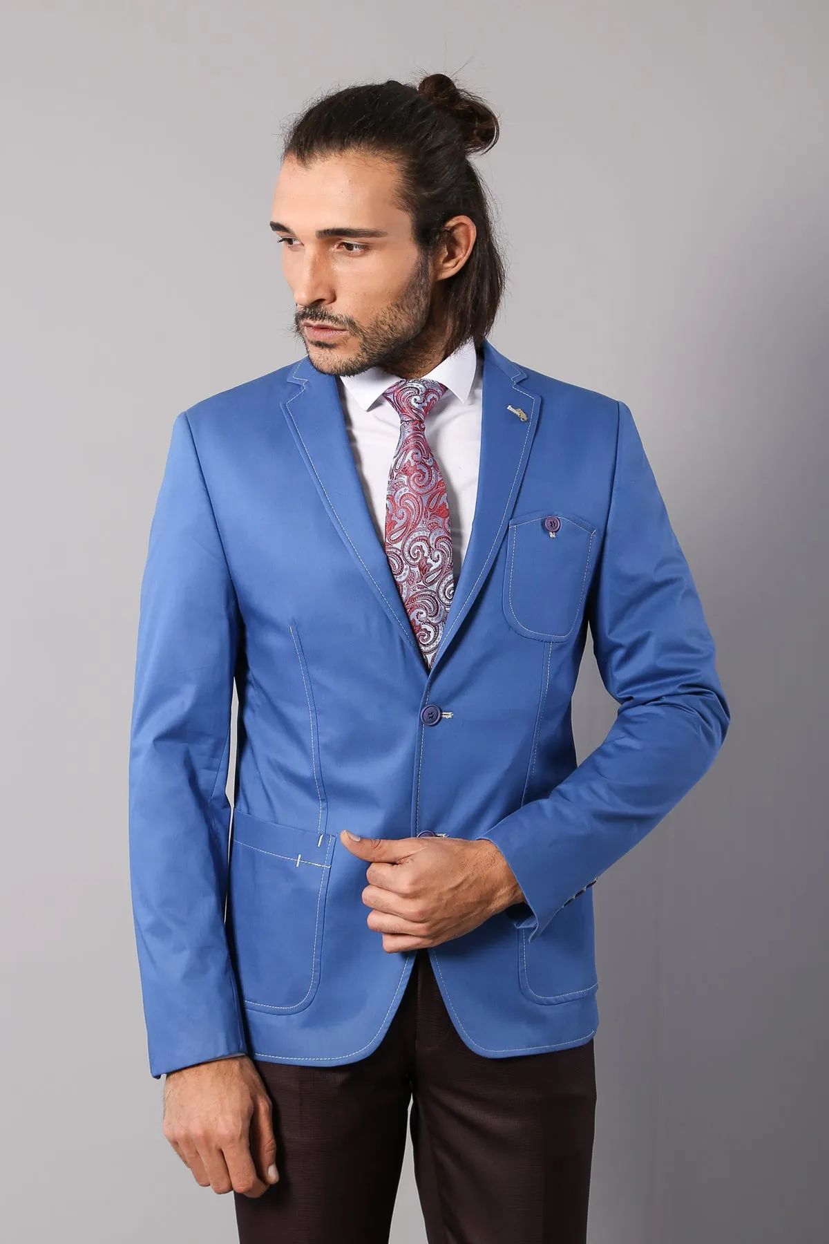 Double Buttons Mono Lapel Bag Pocket Light Blue Jacket-Wessi sold by Wessi