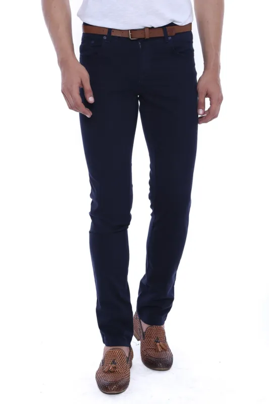 Slim Fit Plain 5 Pockets Navy Blue Men Pants - Wessi sold by Wessi