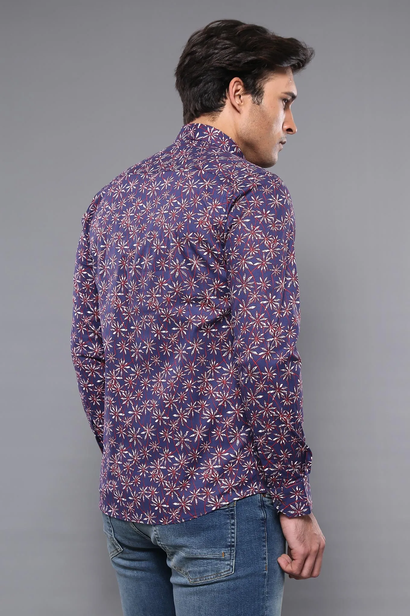 Flower Patterned Long Sleeves Navy Blue Men Shirt - Wessi sold by Wessi product image thumbnail 5