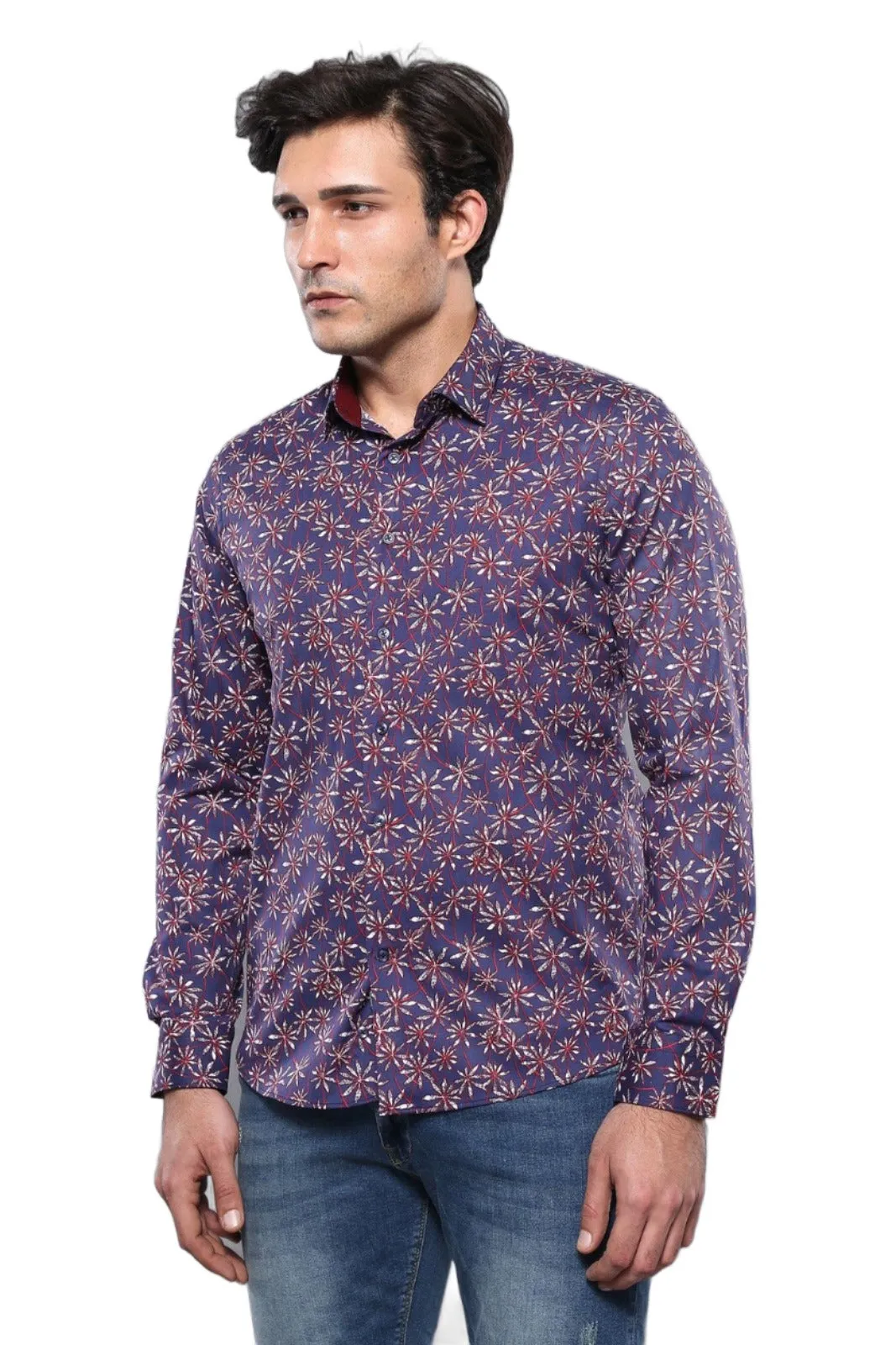 Flower Patterned Long Sleeves Navy Blue Men Shirt - Wessi sold by Wessi