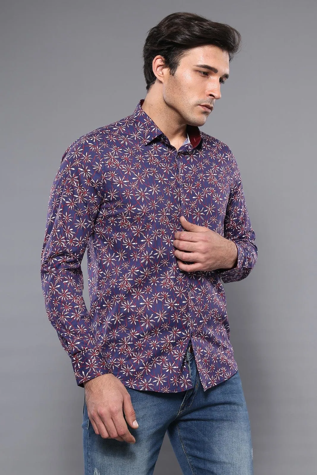 Flower Patterned Long Sleeves Navy Blue Men Shirt - Wessi sold by Wessi product image thumbnail 4