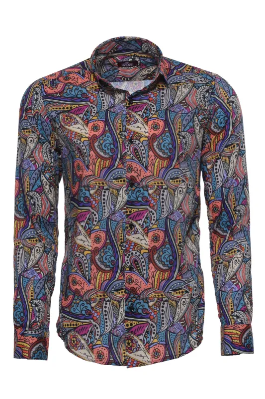 Patterned Slim Fit Long Sleeves Multicolor Men Shirt - Wessi sold by Wessi