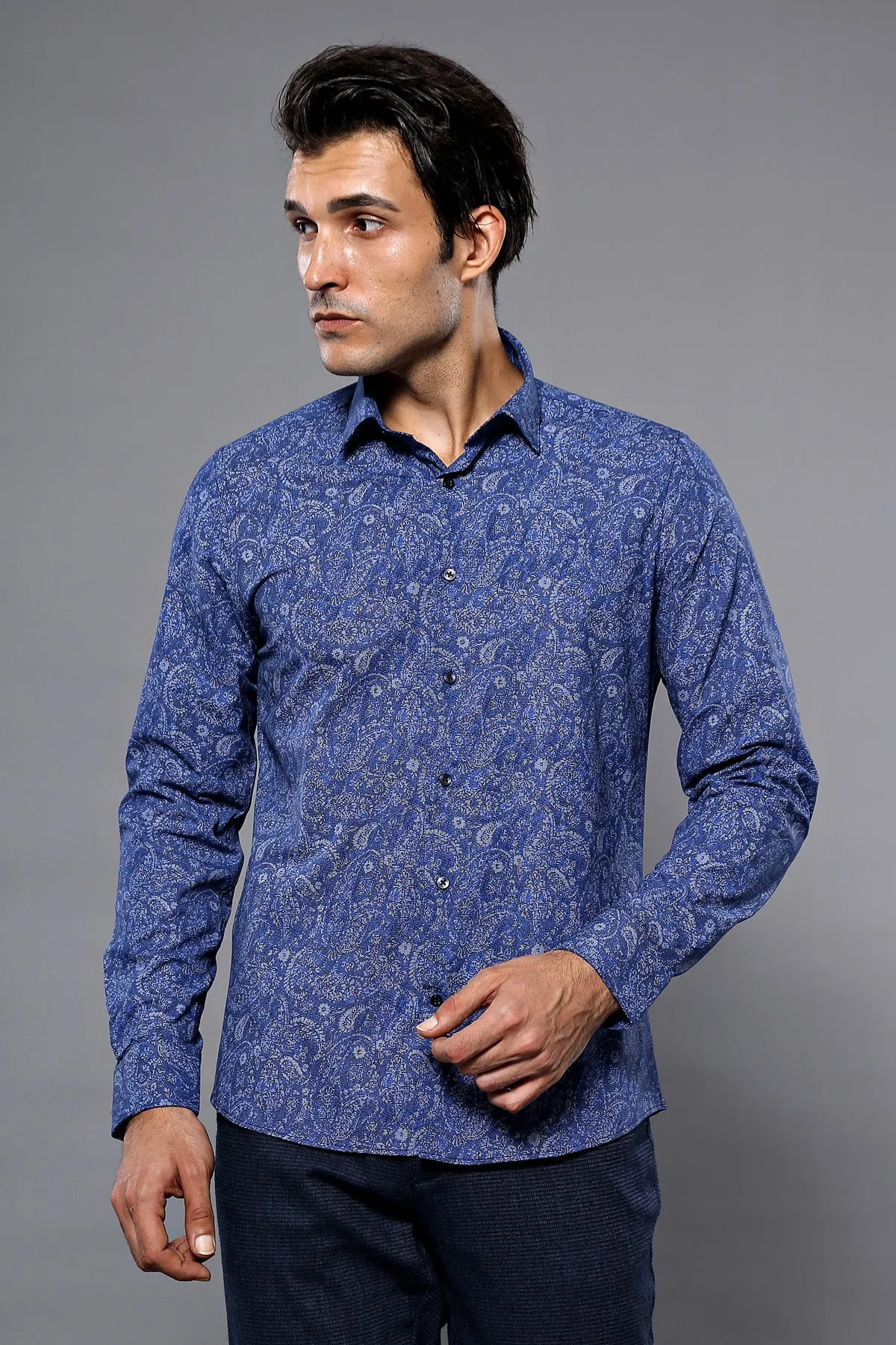 Damask Pattern Long Sleeves Men Blue Shirt - Wessi sold by Wessi product image thumbnail 4