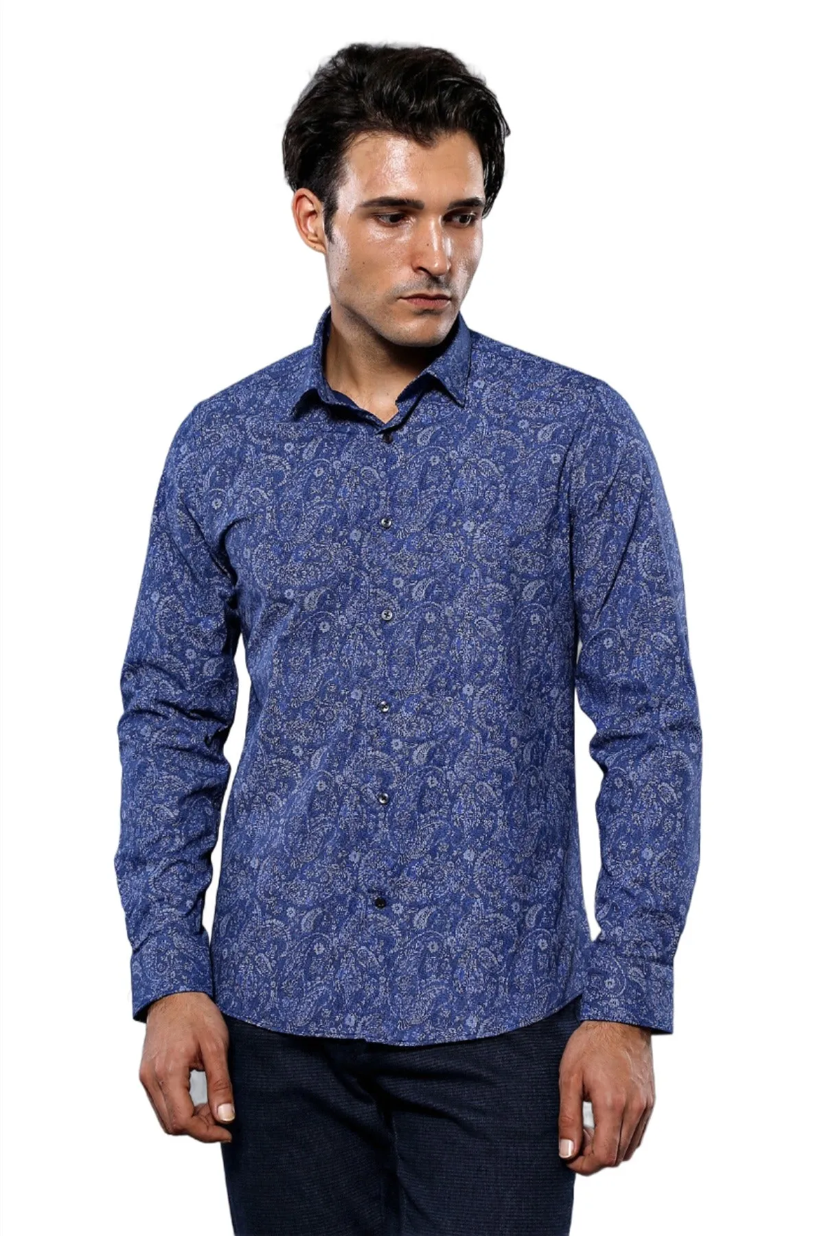Damask Pattern Long Sleeves Men Blue Shirt - Wessi sold by Wessi