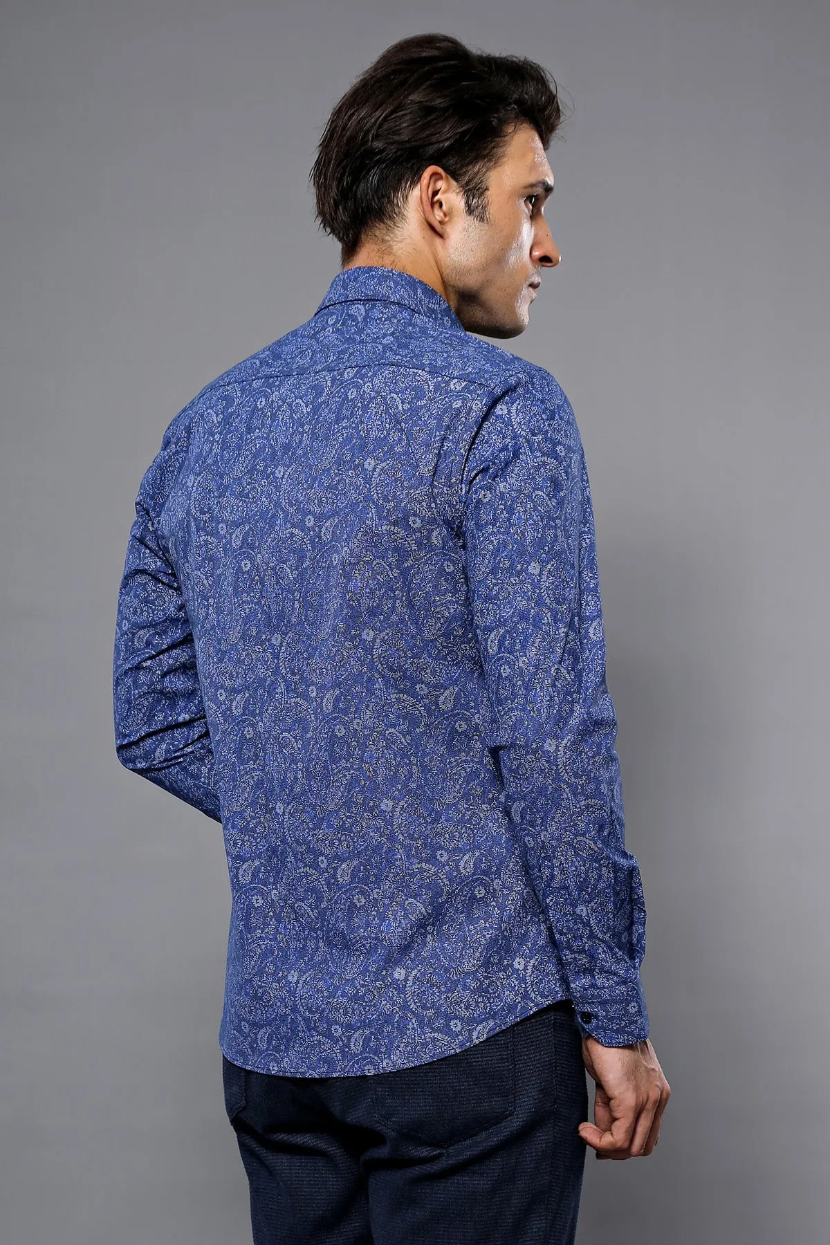 Damask Pattern Long Sleeves Men Blue Shirt - Wessi sold by Wessi product image thumbnail 5